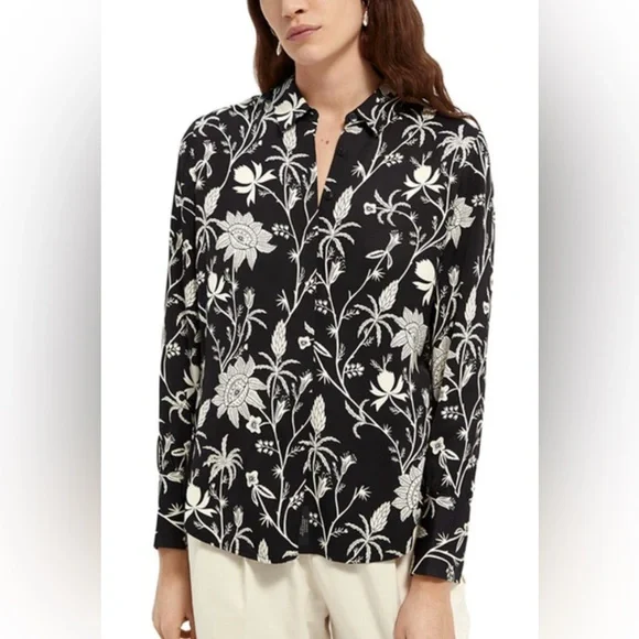 Scotch & Soda Floral Print Button Down Shirt Women's Medium Black White - Picture 15 of 15